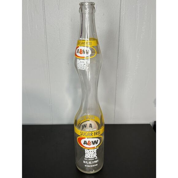 A&W Root Beer Sugar Free 16 Fl Oz Unique Molded Molding Bottle Elongated - Picture 3 of 8